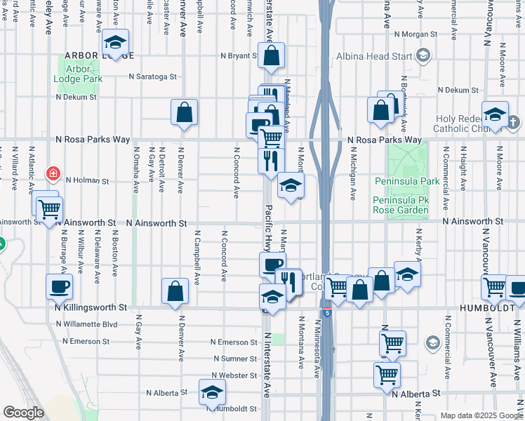 map of restaurants, bars, coffee shops, grocery stores, and more near 6015 North Interstate Avenue in Portland