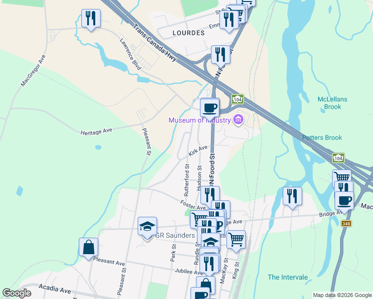 map of restaurants, bars, coffee shops, grocery stores, and more near 28 Kirk Avenue in Stellarton
