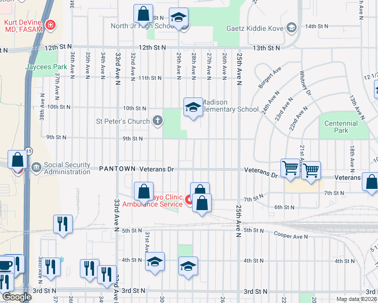 map of restaurants, bars, coffee shops, grocery stores, and more near 834 29th Avenue North in St. Cloud