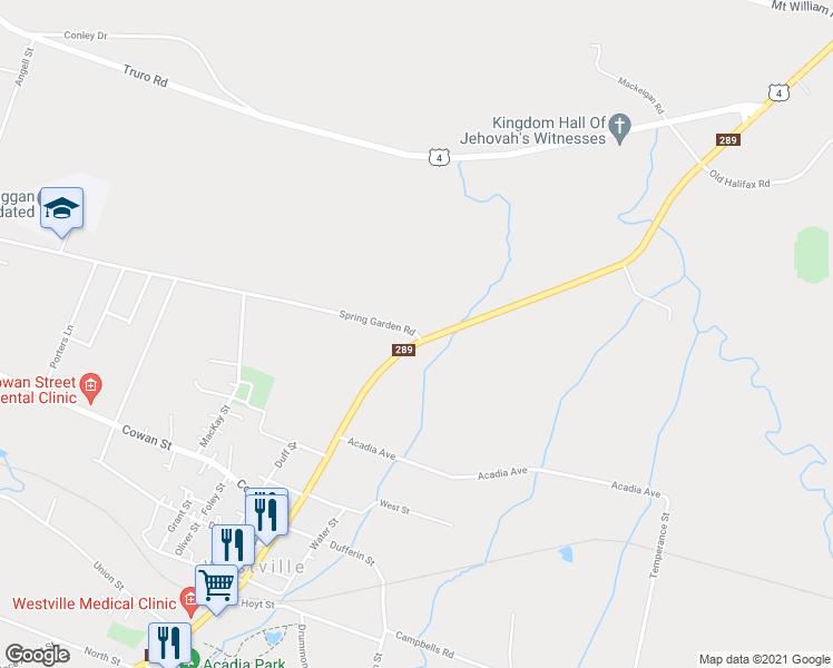 map of restaurants, bars, coffee shops, grocery stores, and more near 1984 Spring Garden Road in Westville