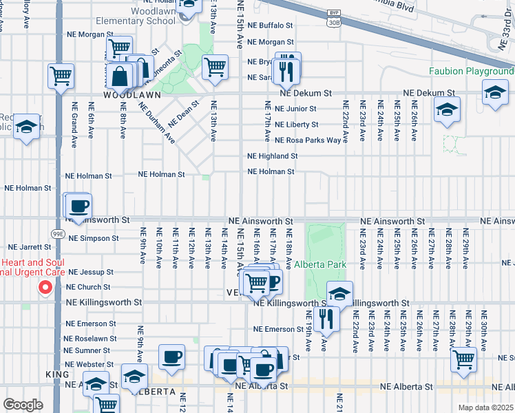 map of restaurants, bars, coffee shops, grocery stores, and more near 6036 Northeast 16th Avenue in Portland