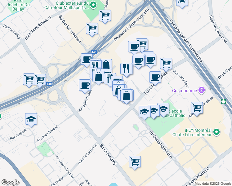map of restaurants, bars, coffee shops, grocery stores, and more near 2570 Boulevard Daniel-Johnson in Laval