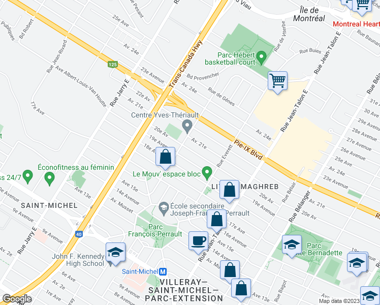 map of restaurants, bars, coffee shops, grocery stores, and more near 7500 20e Avenue in Montréal