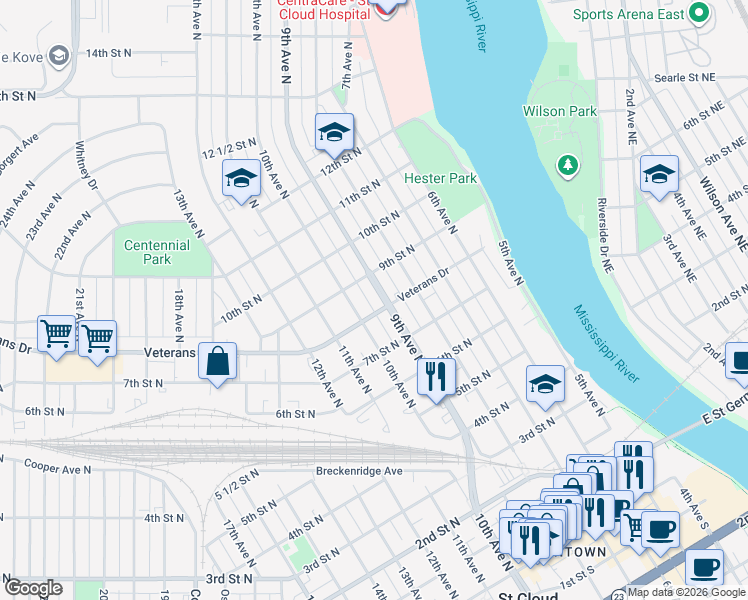 map of restaurants, bars, coffee shops, grocery stores, and more near 809 9th Avenue North in St. Cloud