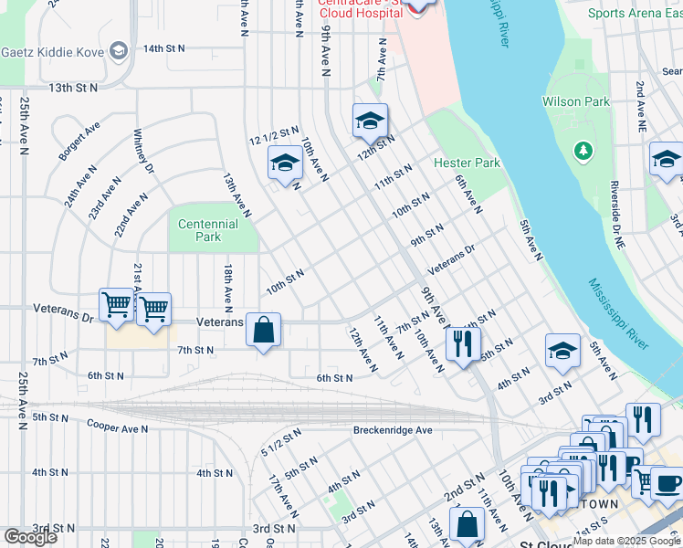 map of restaurants, bars, coffee shops, grocery stores, and more near 909 11th Avenue North in St. Cloud