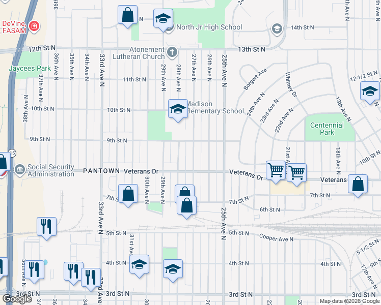 map of restaurants, bars, coffee shops, grocery stores, and more near 831 27th Avenue North in St. Cloud