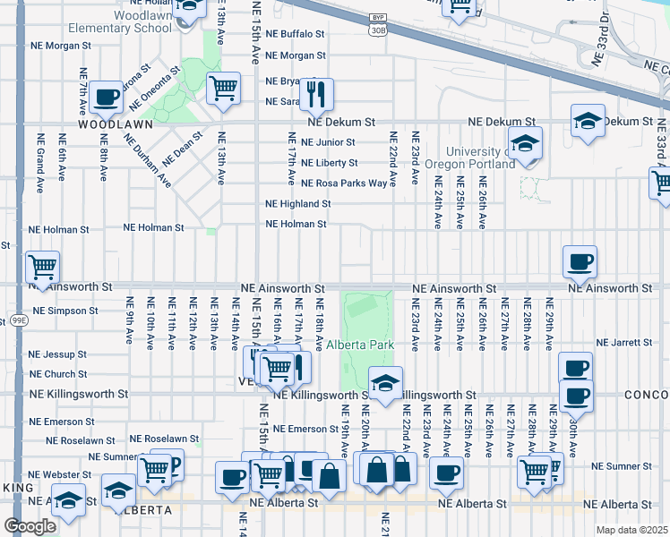 map of restaurants, bars, coffee shops, grocery stores, and more near 6037 Northeast 19th Avenue in Portland
