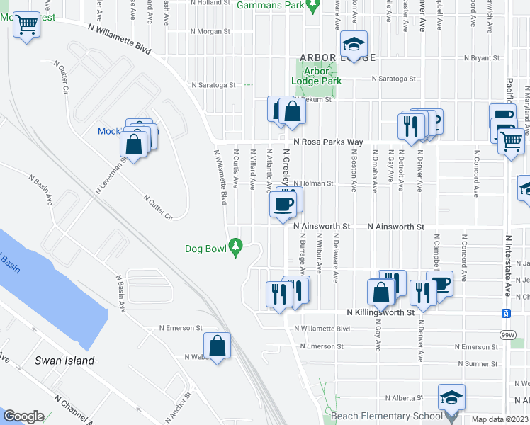 map of restaurants, bars, coffee shops, grocery stores, and more near 6035 North Atlantic Avenue in Portland