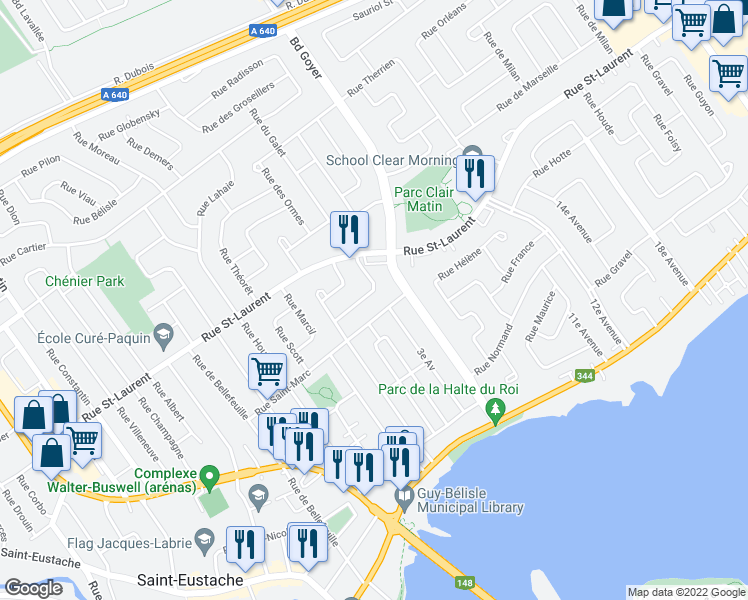 map of restaurants, bars, coffee shops, grocery stores, and more near 179 14e Avenue in Saint-Eustache