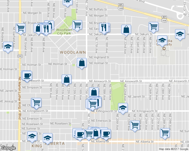 map of restaurants, bars, coffee shops, grocery stores, and more near 6036 Northeast 16th Avenue in Portland