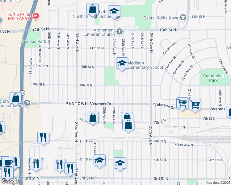 map of restaurants, bars, coffee shops, grocery stores, and more near 834 29th Avenue North in Saint Cloud