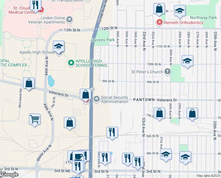 map of restaurants, bars, coffee shops, grocery stores, and more near 832 37th Avenue North in St. Cloud