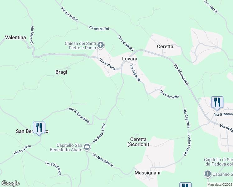 map of restaurants, bars, coffee shops, grocery stores, and more near 36 Via San Benedetto in Lovara