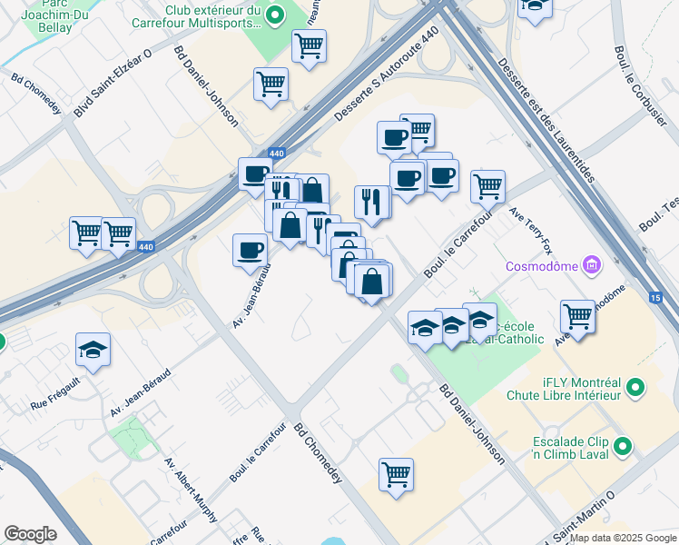 map of restaurants, bars, coffee shops, grocery stores, and more near 2570 Boulevard Daniel-Johnson in Laval