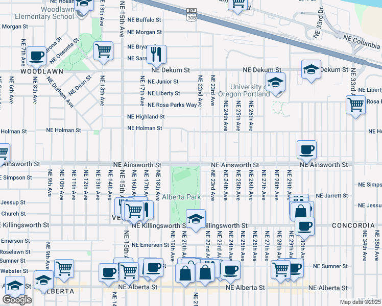 map of restaurants, bars, coffee shops, grocery stores, and more near 6036 Northeast 21st Avenue in Portland