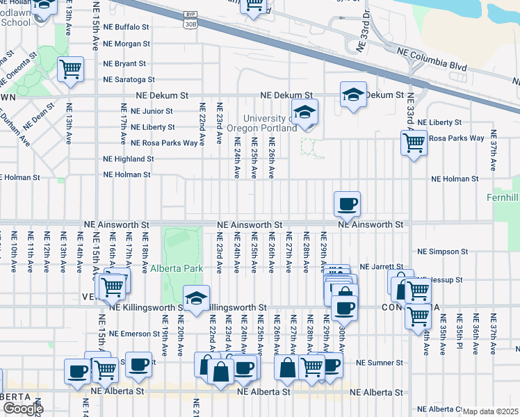 map of restaurants, bars, coffee shops, grocery stores, and more near 6038 Northeast 25th Avenue in Portland