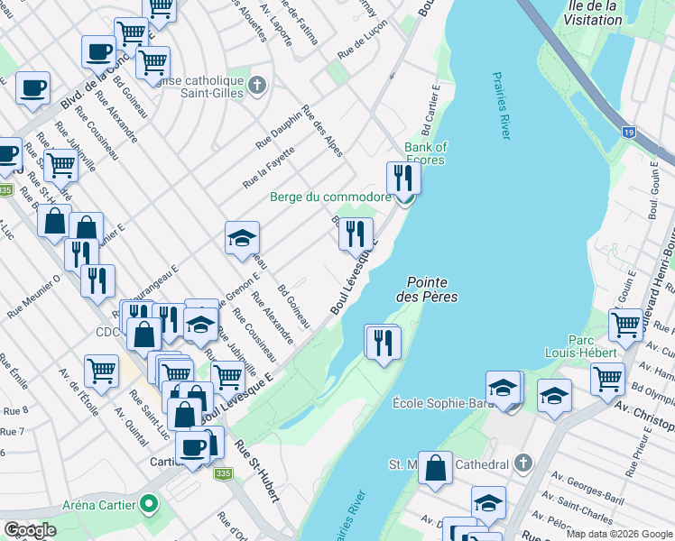 map of restaurants, bars, coffee shops, grocery stores, and more near 19 Terrasse Paquin in Laval
