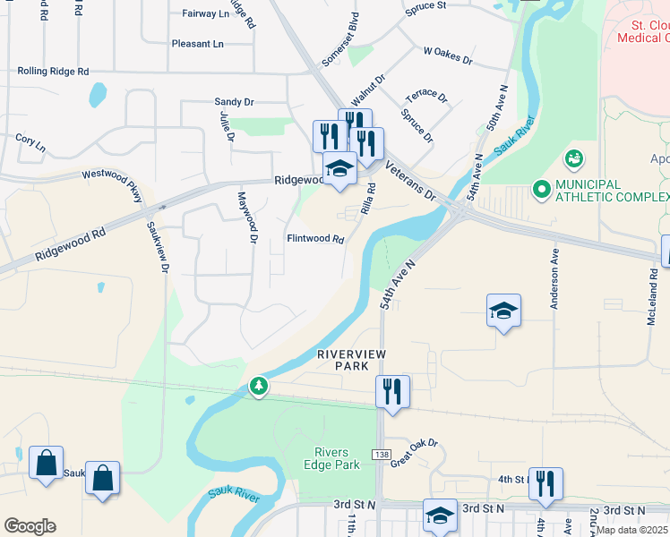 map of restaurants, bars, coffee shops, grocery stores, and more near 809 Rilla Road in St. Cloud