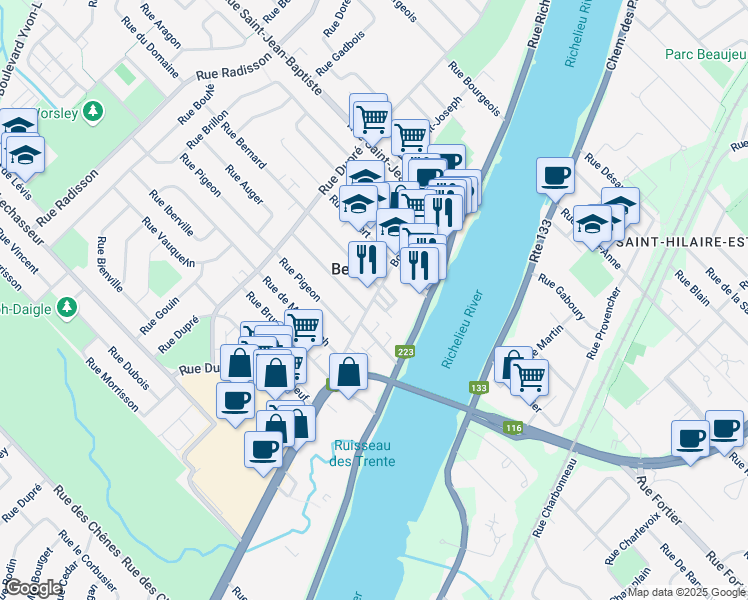 map of restaurants, bars, coffee shops, grocery stores, and more near 106 Rue de l'Hôtel de Ville in Beloeil