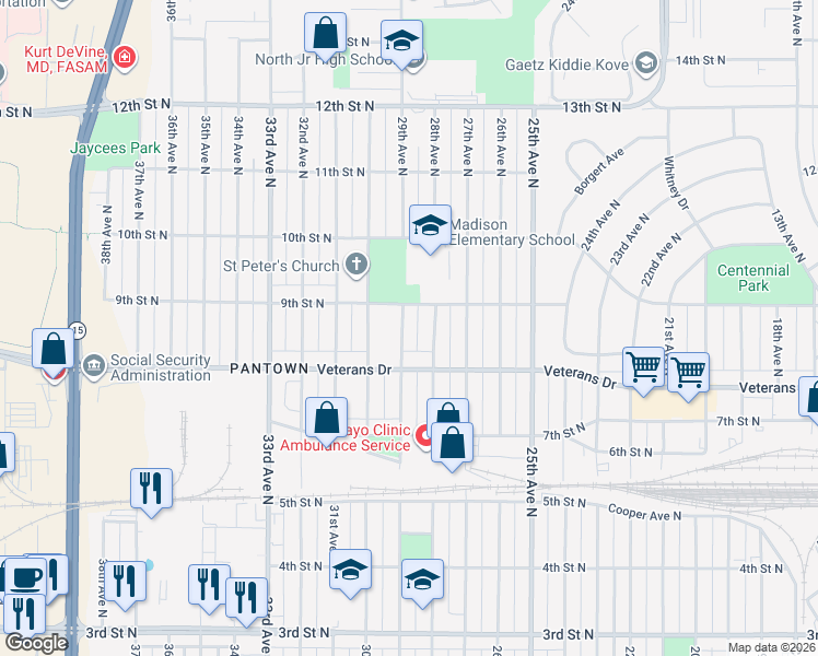 map of restaurants, bars, coffee shops, grocery stores, and more near 834 29th Avenue North in St. Cloud