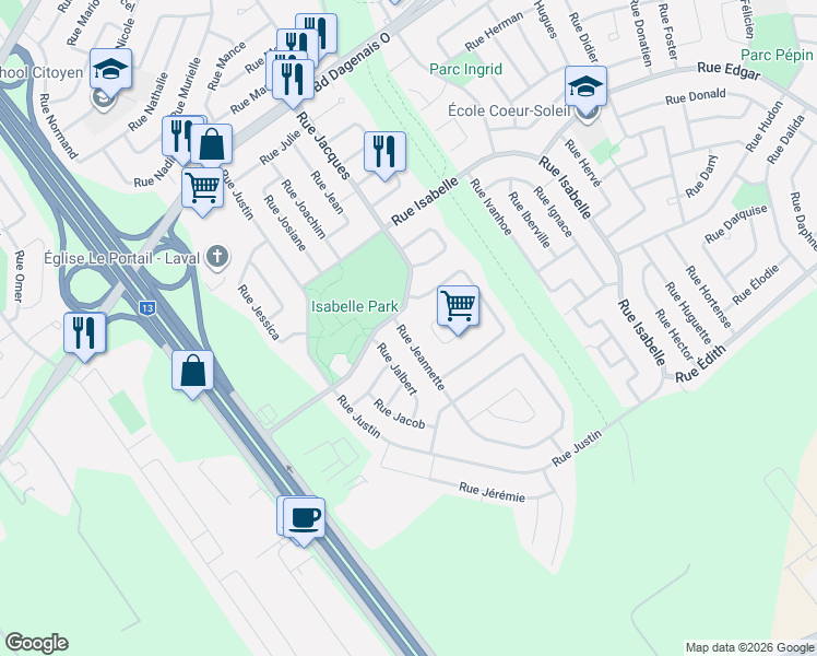 map of restaurants, bars, coffee shops, grocery stores, and more near 437 Rue Jeannette in Laval