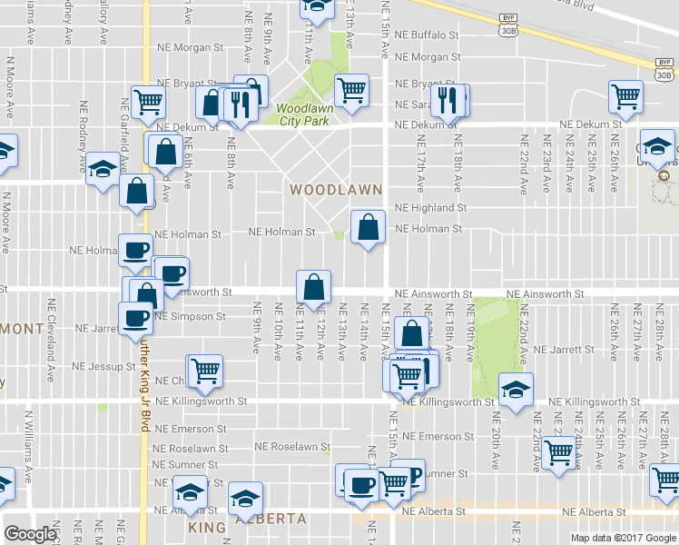 map of restaurants, bars, coffee shops, grocery stores, and more near 6037 Northeast 13th Avenue in Portland