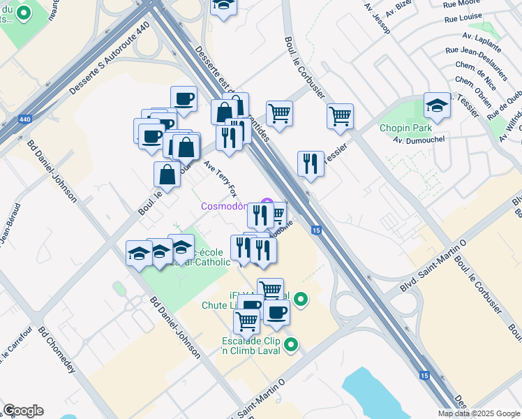map of restaurants, bars, coffee shops, grocery stores, and more near 2150 Autoroute des Laurentides in Laval