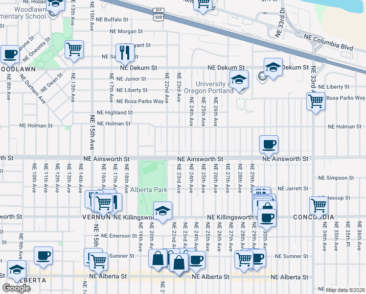 map of restaurants, bars, coffee shops, grocery stores, and more near 6039 Northeast 24th Avenue in Portland