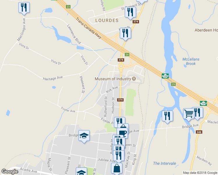 map of restaurants, bars, coffee shops, grocery stores, and more near 28 Kirk Avenue in Stellarton