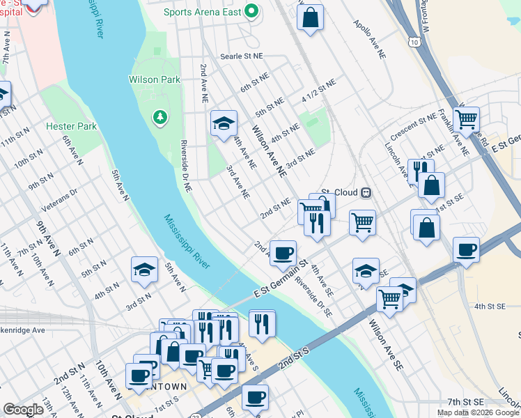 map of restaurants, bars, coffee shops, grocery stores, and more near 206 3rd Avenue Northeast in Saint Cloud