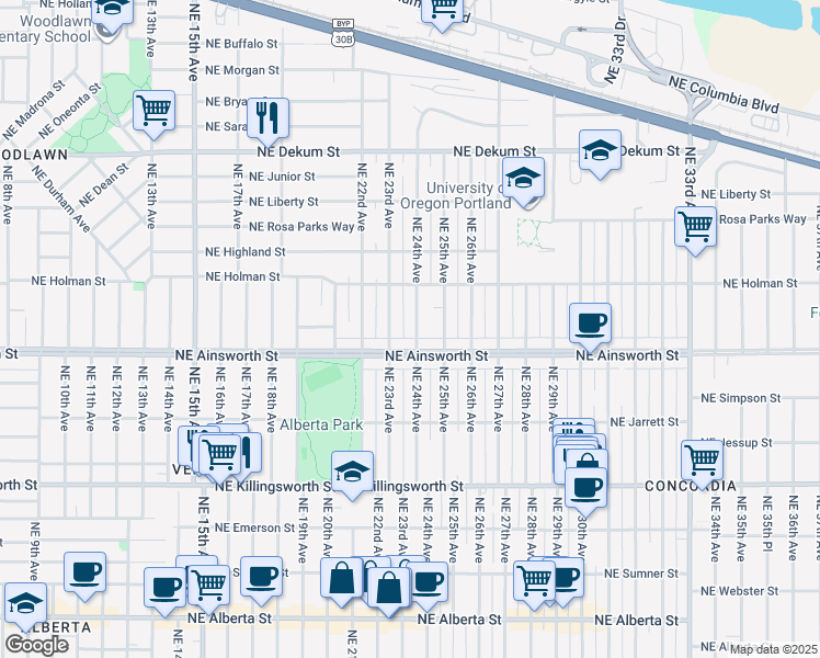 map of restaurants, bars, coffee shops, grocery stores, and more near 6039 Northeast 24th Avenue in Portland