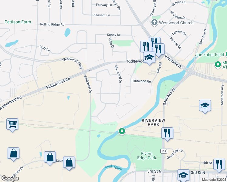 map of restaurants, bars, coffee shops, grocery stores, and more near 1 Morningside Road in St. Cloud