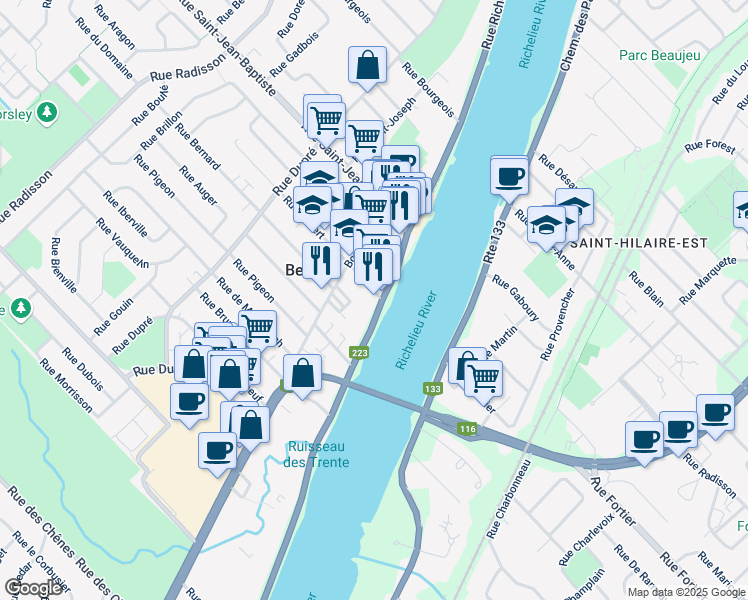 map of restaurants, bars, coffee shops, grocery stores, and more near 10 Rue Hubert in Beloeil