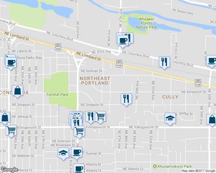 map of restaurants, bars, coffee shops, grocery stores, and more near 6031 NE 46th Ave in Portland