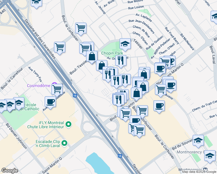map of restaurants, bars, coffee shops, grocery stores, and more near 1778 Boulevard le Corbusier in Laval