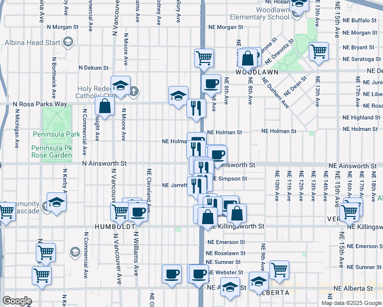 map of restaurants, bars, coffee shops, grocery stores, and more near 6104 Northeast Garfield Avenue in Portland