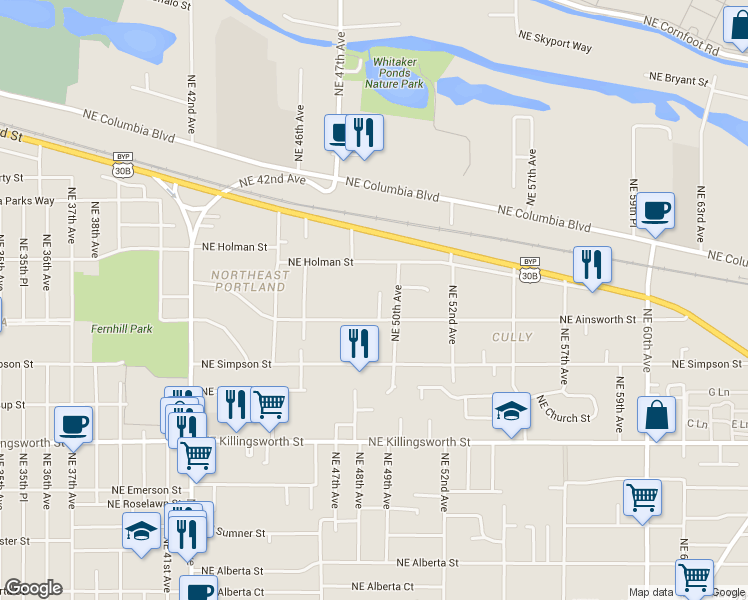 map of restaurants, bars, coffee shops, grocery stores, and more near 6105 Northeast 49th Avenue in Portland