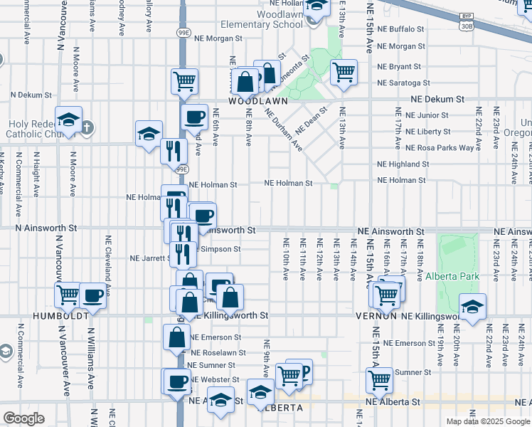 map of restaurants, bars, coffee shops, grocery stores, and more near 6035 Northeast 9th Avenue in Portland