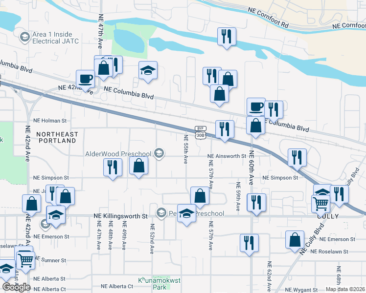 map of restaurants, bars, coffee shops, grocery stores, and more near 6033 Northeast 55th Avenue in Portland