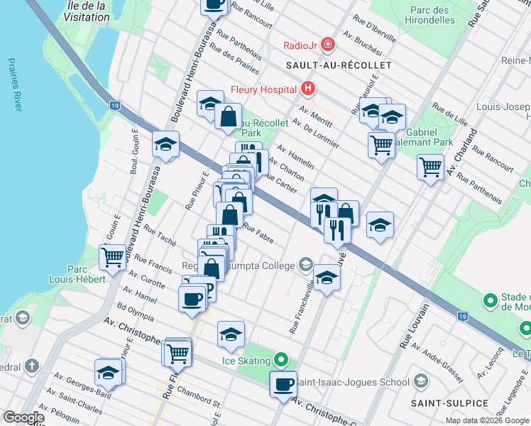 map of restaurants, bars, coffee shops, grocery stores, and more near 10231 Rue Marquette in Montréal