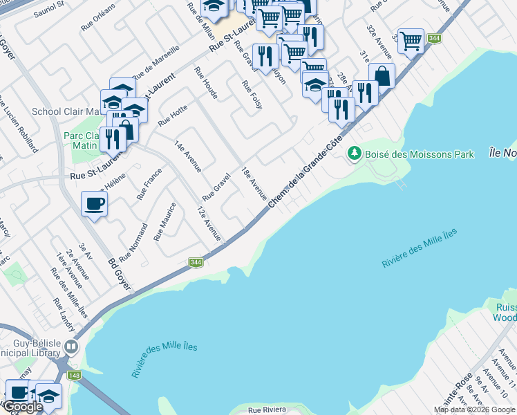 map of restaurants, bars, coffee shops, grocery stores, and more near 157 Chemin de la Grande-Côte in Saint-Eustache