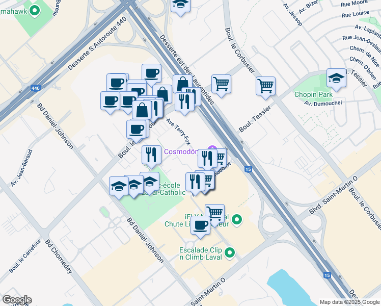 map of restaurants, bars, coffee shops, grocery stores, and more near 2200 Avenue Terry-Fox in Laval