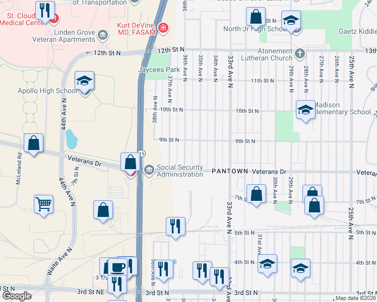 map of restaurants, bars, coffee shops, grocery stores, and more near 834 36th Avenue North in St. Cloud