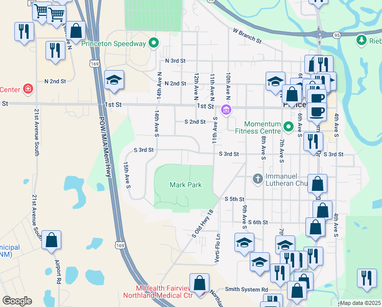 map of restaurants, bars, coffee shops, grocery stores, and more near 1201 South 3rd Street in Princeton