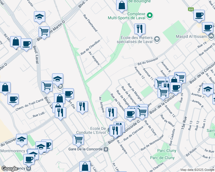 map of restaurants, bars, coffee shops, grocery stores, and more near 762 Avenue Ampère in Laval