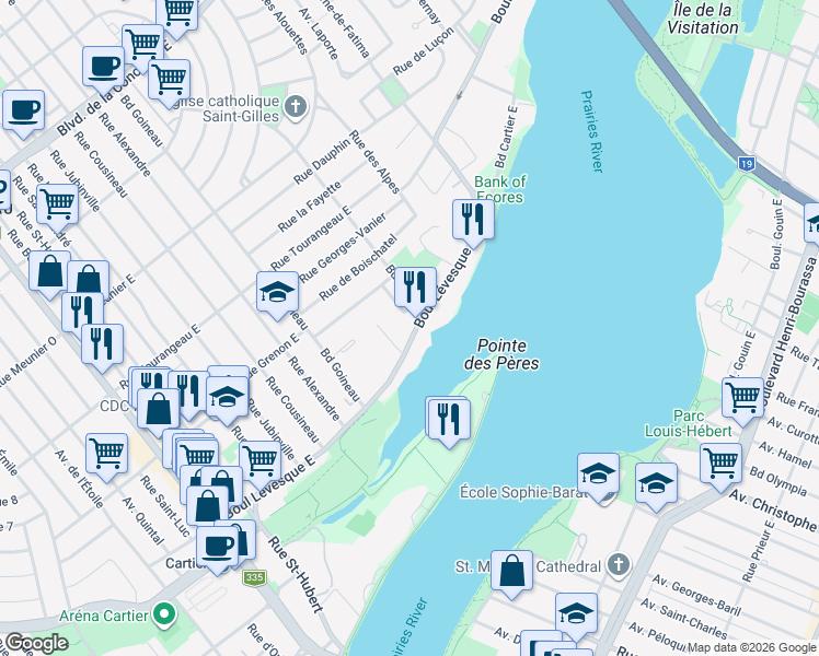 map of restaurants, bars, coffee shops, grocery stores, and more near 222 Boulevard Lévesque Est in Laval