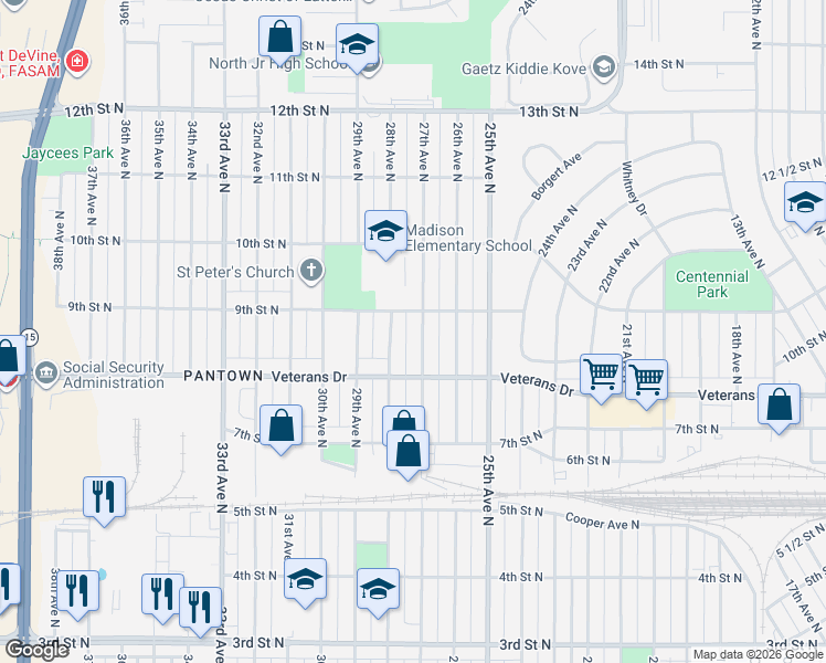 map of restaurants, bars, coffee shops, grocery stores, and more near 831 27th Avenue North in St. Cloud