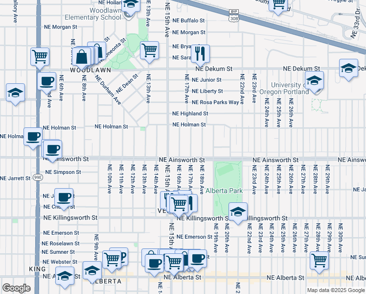 map of restaurants, bars, coffee shops, grocery stores, and more near 6110 Northeast 16th Avenue in Portland