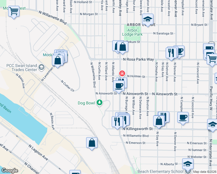 map of restaurants, bars, coffee shops, grocery stores, and more near 6035 North Atlantic Avenue in Portland