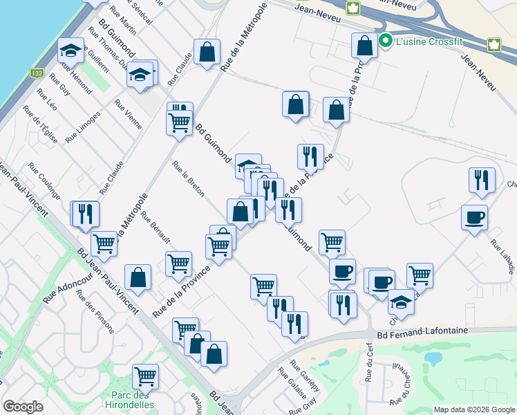 map of restaurants, bars, coffee shops, grocery stores, and more near 644 Boulevard Guimond in Longueuil